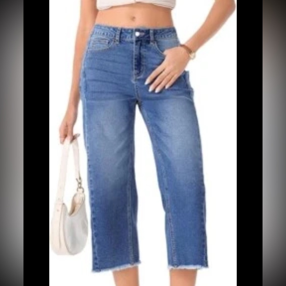 Sidefeel Women's Wide Leg Jeans High Waisted Stretchy Raw Hem Capri Pants 18